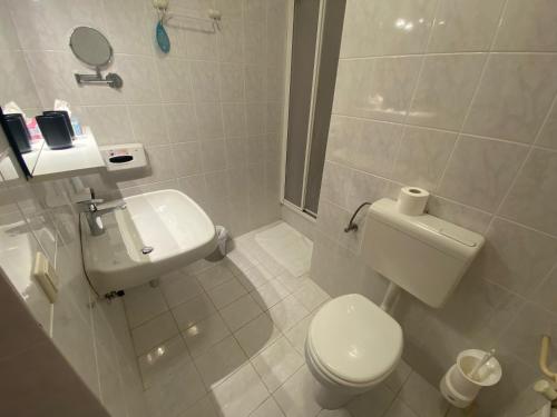 a white bathroom with a toilet and a sink at Kunstelj Pension in Radovljica