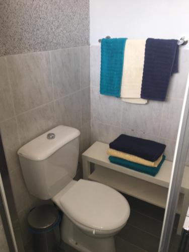 uma casa de banho com WC e toalhas numa prateleira em Apartamento Coral em Santa Maria