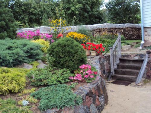 a garden with flowers and a stone wall at Saule in Talsi