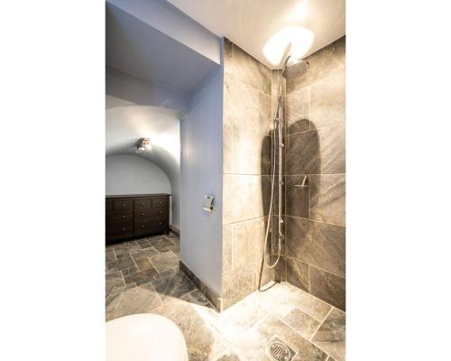a bathroom with a shower and a toilet at Murphys House - 3 bed Luxury Central Townhouse in Bath