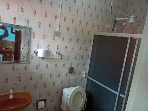 y baño con aseo, lavabo y ducha. en Pousada Recanto do Amanhecer en Porto de Galinhas