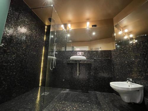 a bathroom with a shower and a sink and a toilet at TOP Luxury Suites in Budapest