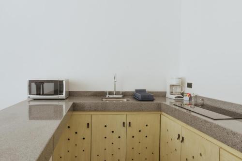 a kitchen with a sink and a microwave at Villas Colón 18 in Coatepec
