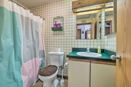 a bathroom with a toilet and a sink and a mirror at Next to Shawnee Mtn Ski Area Inviting Condo! in East Stroudsburg