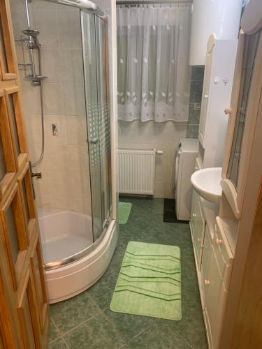 La salle de bains est pourvue d'une baignoire avec douche et d'un lavabo. dans l'établissement Apartmán Slunečnice s terasou, à České Budějovice