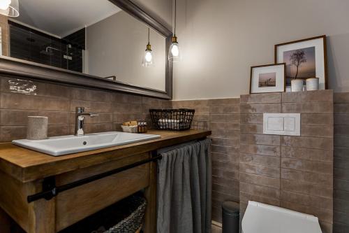 a bathroom with a sink and a mirror at Live & Travel Old Town Apartments in Gdańsk