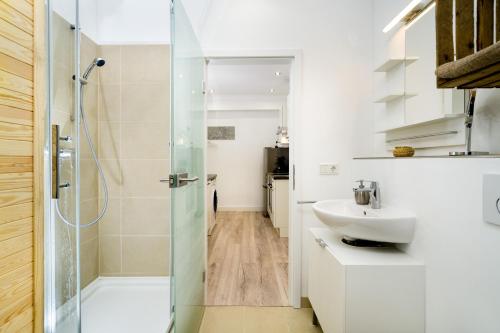 uma casa de banho com um chuveiro e um lavatório. em Budget Studio Kreuzberg - Lachmannstr 3 HH em Berlim