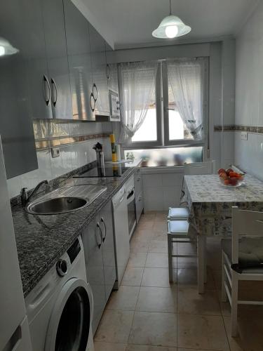 a kitchen with a sink and a washing machine at La Playina in Cangas de Onís
