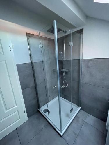 a shower with a glass door in a bathroom at Penthouse Sonnenuhr in Zingst