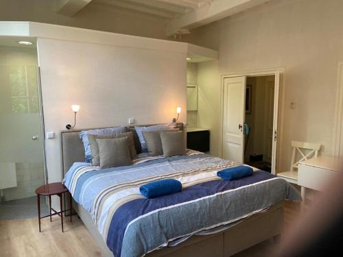 a bedroom with a large bed with blue pillows on it at Tuinkamer in Monumentaal pand in Veere