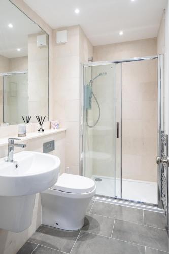 a bathroom with a toilet and a sink and a shower at River Street View in Bath