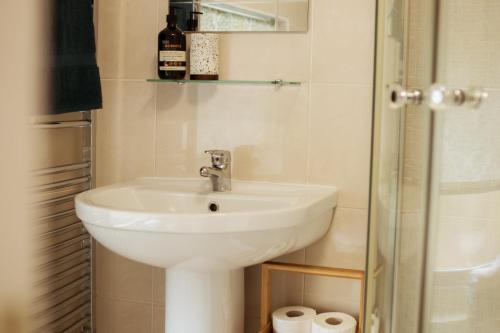 y baño con lavabo y ducha. en Cosy, coastal cottage in Snowdonia, en Harlech