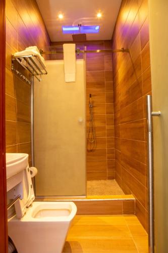 a bathroom with a shower with a toilet and a sink at Riivana Tavern in Lekki