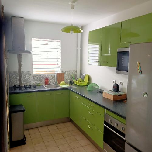 a green kitchen with green cabinets and a sink at Les Prunes vertes in Sainte-Rose