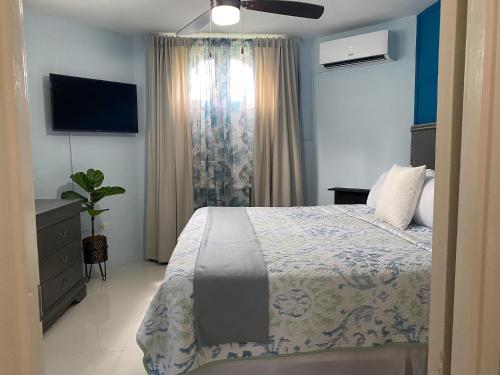 1 dormitorio con 1 cama, vestidor y TV en Ocho Rios Sandcastles A19, en Ocho Ríos