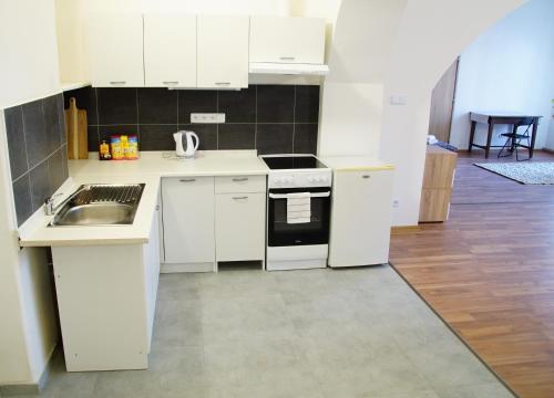 a small kitchen with white cabinets and a sink at Apartment Porta in Terezín