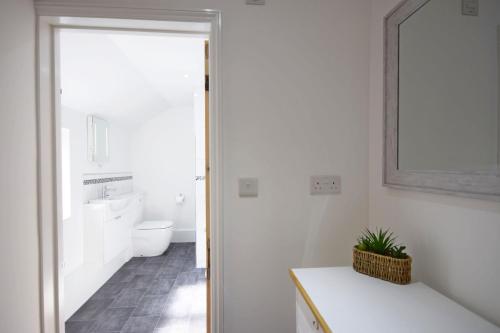 ein Badezimmer mit Toilette und Waschbecken in der Unterkunft Seashell Cottage - Worthing in Worthing