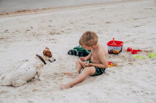 a young boy and a dog sitting on the beach at D - Resort Ayvalık in Ayvalık