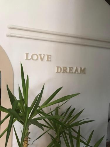 a plant in front of a wall with the word love and dream at Famvarga Apartmanház in Balatonfenyves