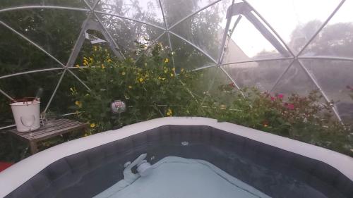 a hot tub in a greenhouse with some flowers at L'Oustaou du Bodo in Ambon