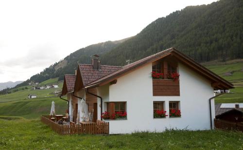 a white house in a field with a mountain at Rieglhof Apartment Maisel in Caprone