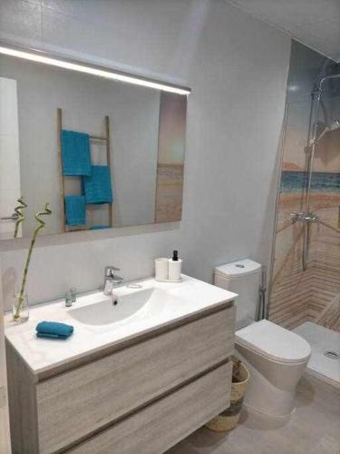a bathroom with a sink and a toilet and a mirror at Acogedor apartamento en la playa de Cádiz in Cádiz