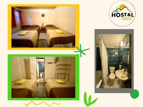 two pictures of a hotel room with beds and a bathroom at Hostal Desert in San Pedro de Atacama