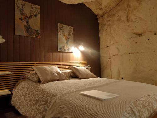 Un dormitorio con una cama y una bandeja. en Les Troglos de Beaulieu, en Loches