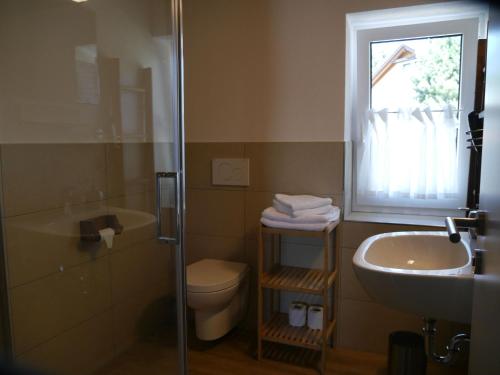 a bathroom with a sink and a toilet and a window at Pension & Café Schlupfwinkel in Salem