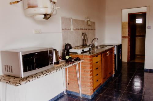 eine Küche mit einer Mikrowelle und einem Herd Top-Backofen in der Unterkunft Hakuna Matata in Malargüe