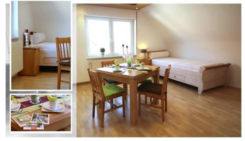 two pictures of a room with a table and a bed at FeWo Becka "das kleine Paradies" in Weiskirchen