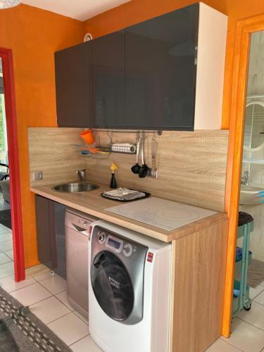 une cuisine avec une machine à laver et un évier dans l'établissement Appartement T3 avec terrasse en bord de mer, à Canale-di-Verde