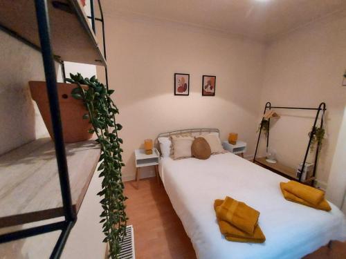 - une chambre avec 2 lits superposés et des oreillers jaunes dans l'établissement Allars Bank Apartment, à Hawick