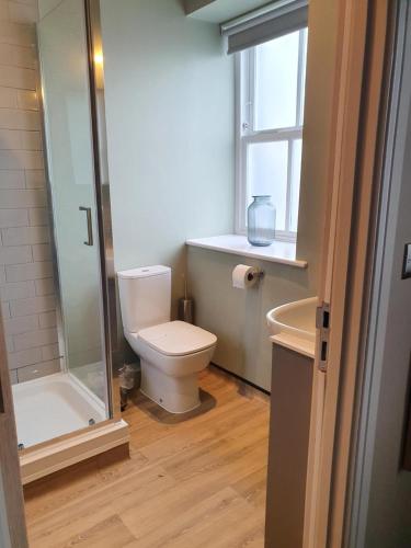 a bathroom with a toilet and a shower and a sink at Old Swan in Skipton