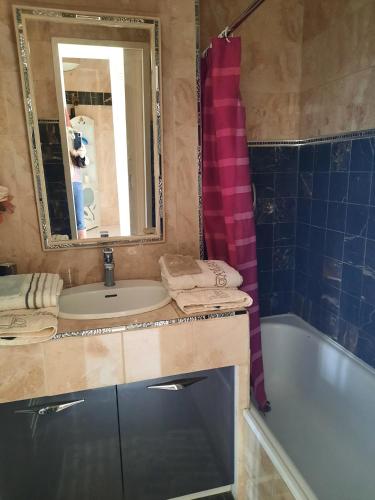 une salle de bain avec un lavabo, une baignoire et un miroir dans l'établissement Appartement de charme sur le Port de Marseillan, à Marseillan