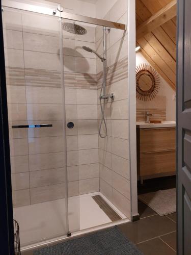 La salle de bains est pourvue d'une douche avec une porte en verre. dans l'établissement GITE HARY, à Villeblevin