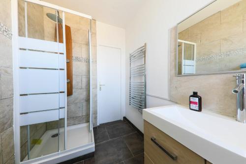 ein Bad mit einem Waschbecken und einer Dusche in der Unterkunft Appart' Fabriques 2 - Mulhouse centre in Mulhouse