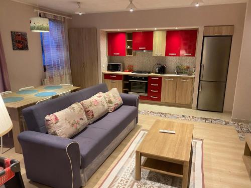uma sala de estar com um sofá azul e uma cozinha em IGI RED FLAT with free private parking em Cluj-Napoca