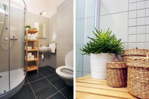 two pictures of a bathroom with a toilet and a plant at Cosy Design Apartment in Brno
