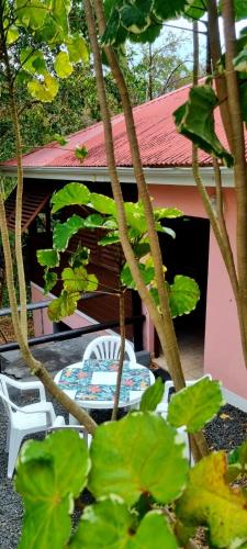 a table and chairs in front of a house at Bungalow et Duplex de Island Bay in Bouillante