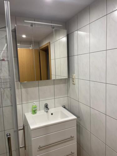 a bathroom with a sink and a mirror at Ferienwohnung Probst in Ellenz-Poltersdorf