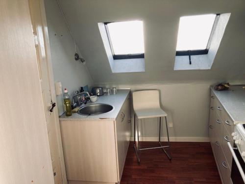 uma pequena cozinha com um lavatório e duas janelas em Byens Bed and Breakfast em Nakskov