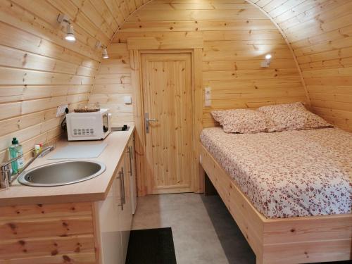 1 dormitorio con 1 cama y lavamanos en una cabaña en La Cabane Insolite en Puy-du-Fou