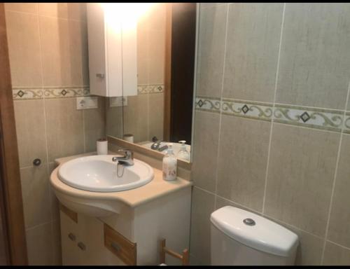 a bathroom with a sink and a toilet and a mirror at Apartamentos turísticos CHUS 2 in Corcubión