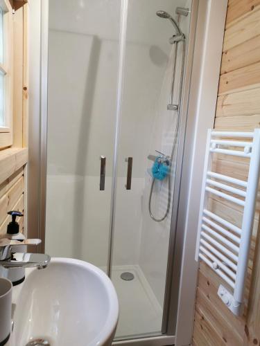 La salle de bains est pourvue d'une douche et d'un lavabo blanc. dans l'établissement La Cabane Insolite, à Puy-du-Fou