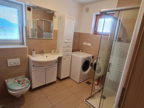 a bathroom with a sink and a washing machine at APARTMA RANČ LUŽE in Kranj