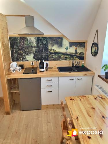 a kitchen with a wooden counter top and a table at Ski Tour Apartments in Zakopane
