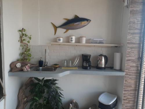 a kitchen with a sink and a fish on the wall at Atardecer porteño in Puntarenas