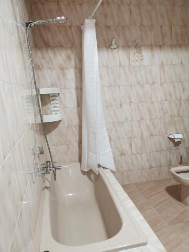 a bathroom with a bath tub and a toilet at Apartamento O Serrano in Finisterre