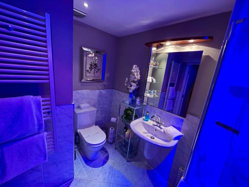a purple bathroom with a toilet and a sink at Gleneagles Lettings in Auchterarder